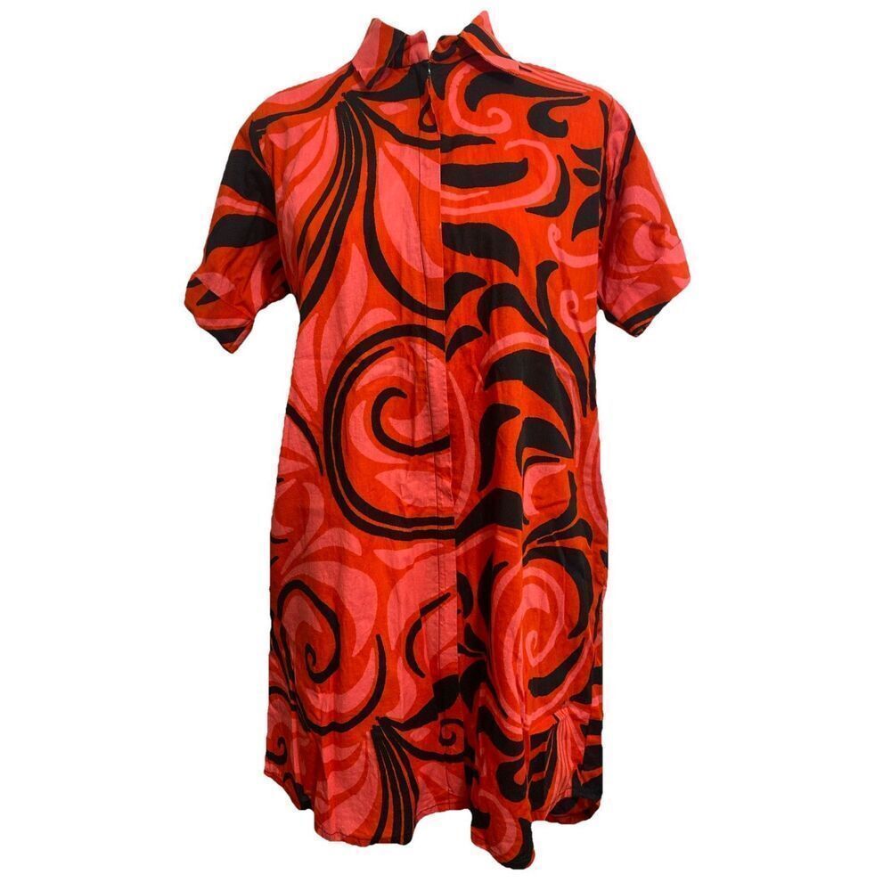 Womens Ray Darten A Line Cotton African Art Dress Full Zip Medium‎ Red Black